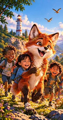 Lupa running happily with children wearing backpacks.