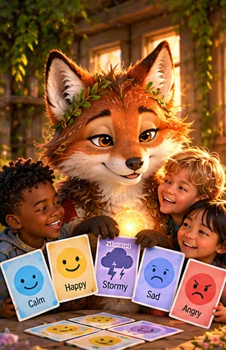 Lupa and children holding feeling cards: calm, happy, stormy, sad and angry.
