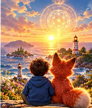 A child and Lupa watching the sunset by a lighthouse.