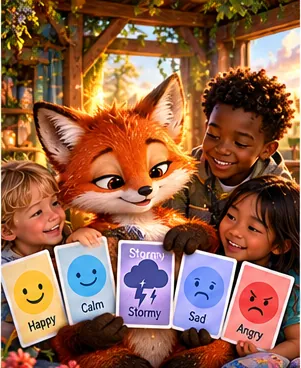 Lupa and children holding feeling cards.