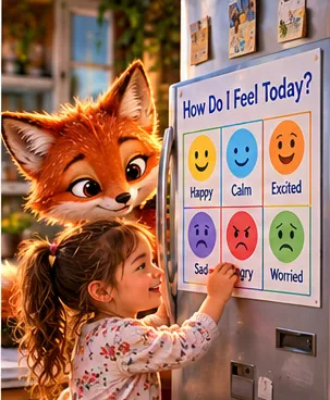 A girl pointing at a feelings chart while Lupa watches.