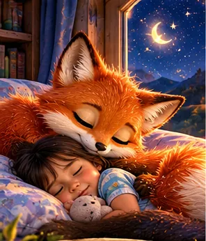 Lupa curled up beside a sleeping child.