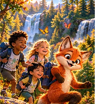 Children hiking with Lupa past a waterfall.