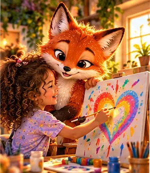A girl painting a rainbow heart with Lupa.