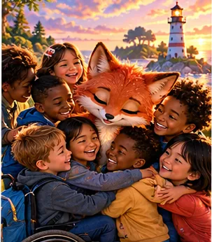 Lupa in a big group hug with children.