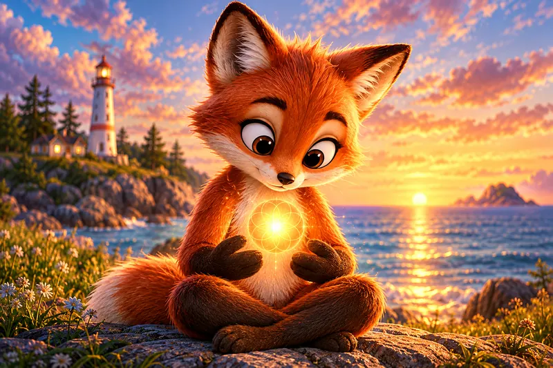 Lupa sitting on a rock by the sea at sunset, holding a glowing light at her heart, with a lighthouse behind her.