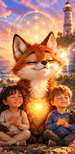 Lupa and two children sitting peacefully with their eyes closed, hands on their hearts.