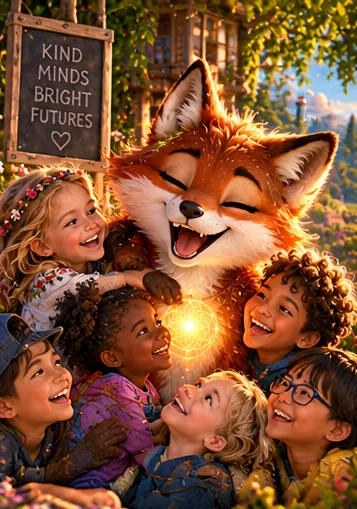 Lupa smiling with her eyes closed as children hug her, laughing, in front of a sign that reads Kind Minds, Bright Futures.
