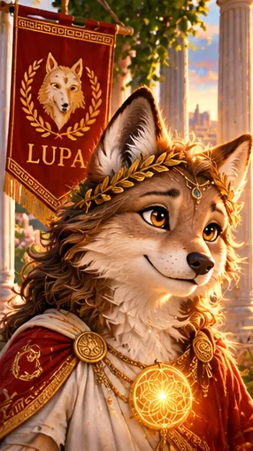 Lupa wearing a laurel crown and a red cloak beside classical columns and a LUPA banner.